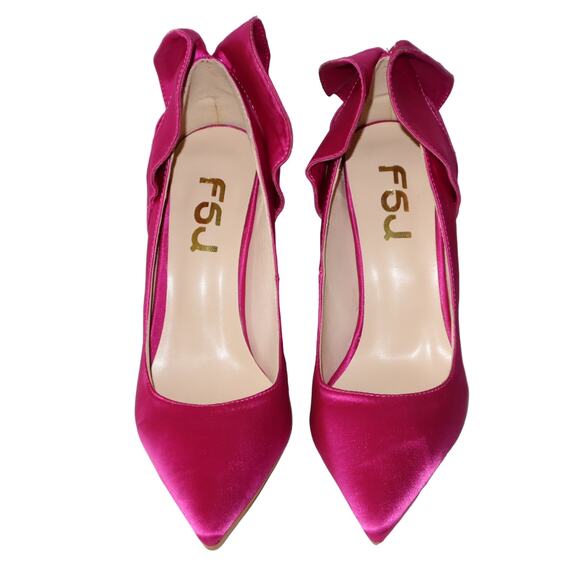 NEW FSJ Hot Pink Satin Pumps with Gemstone Block Heels and Bow Detail Size 8 - Picture 4 of 6